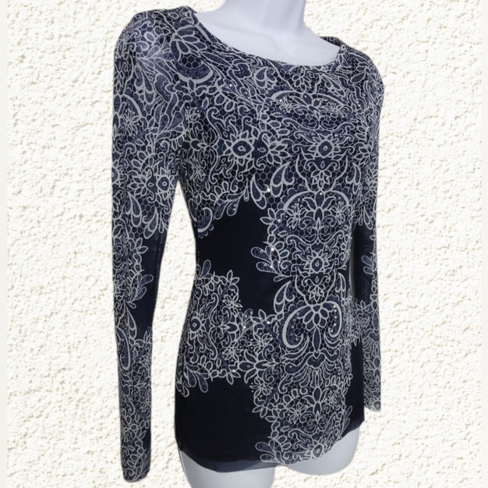 INC INTERNATIONAL CONCEPTS SEMI SHEER NYLON TOP-SMALL-FLORAL RHINESTONE